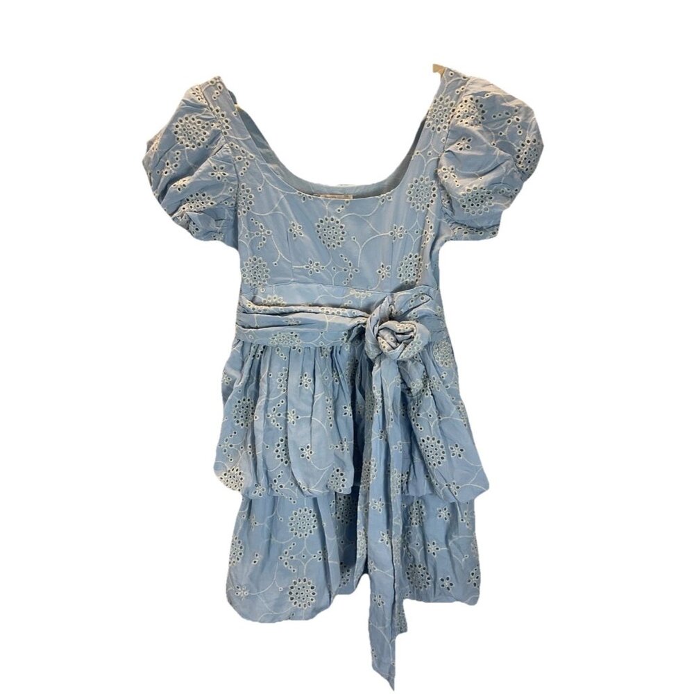 NEW OLIVACEOUS Eyelet Blue mini dress puff sleeves Size S tiered bubble skirt